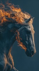 A powerful grey horse with a burning mane of fire against a dark background. Vertical fantasy portrait of a mythical creature symbolizing strength and wild energy