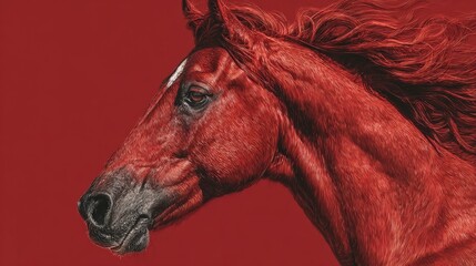 Close-up of red and white spotted horse with flowing mane in digital painting style against deep red background, expressive eyes and detailed fur strokes enhance emotional depth and elegance