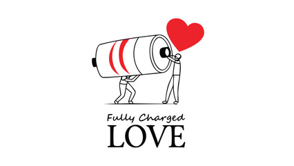 Two stick figures working together to connect a giant battery to a red heart symbolizing fully charged love