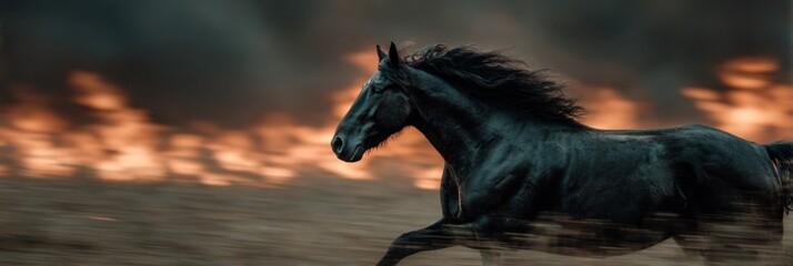 A powerful black horse running at speed in profile. Dramatic motion with a flowing mane against a fiery sunset background. Wild animal representing freedom and strength