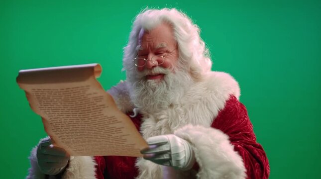 Santa Claus actor in red suit and white beard intently reads an old parchment scroll, filmed against a vibrant green screen, ideal for holiday projects