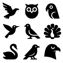 Naklejka premium Bird Silhouette Icon Set – 9 Bold Black Pictograms of Diverse Species
