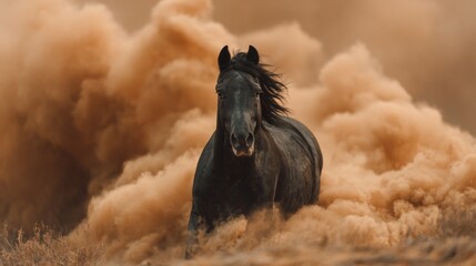 Black horse charging through dense cloud of orange smoke with intense forward gaze and flying mane, cinematic lighting and fiery tones emphasize strength, urgency, and unstoppable force