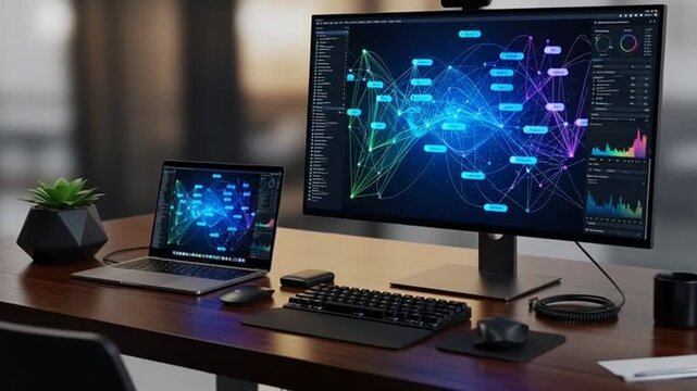 Dynamic data visualization on modern tech setup, perfect for presentations or tech startup promotion, showcasing cutting-edge technology solutions
