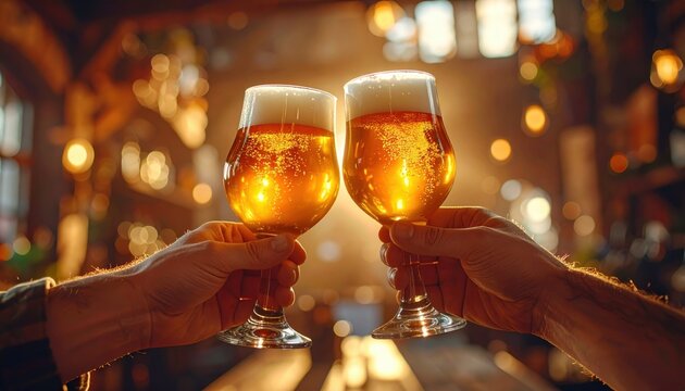 Craft Beer Tasting: A close-up of two hands clinking tulip glasses filled with golden ale in a rustic
