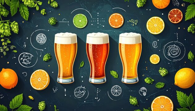 Craft Beer Tasting: An illustrated map of a beer's flavor profile, with whimsical icons for hops, malt, and citrus
