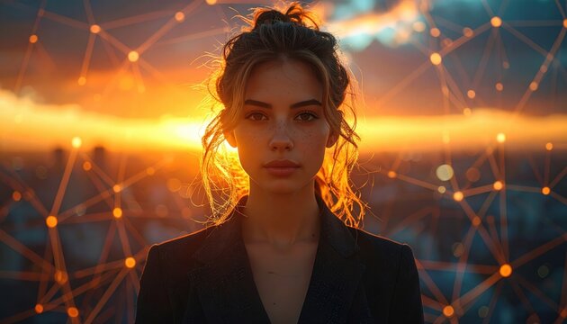 Global Justice: A single determined figure standing before a vast, intricate web connecting global institutions
