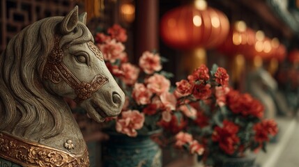 Ornate golden horse statue with red flowers for Chinese New Year. Festive decoration for the Year of the Horse zodiac celebration