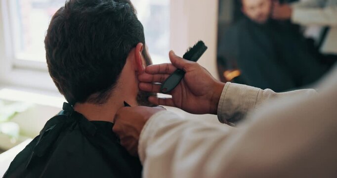 Barbershop, trim and men with grooming, hair care and style with salon treatment. People, client and employee with equipment, luxury and cutting with service, appointment and clippers for beauty