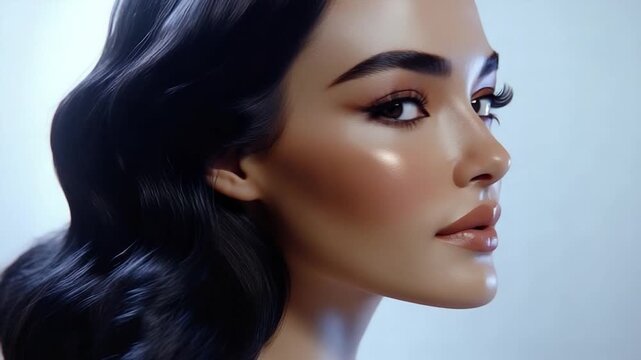 Video A close-up shot of a woman's face with long, dark hair