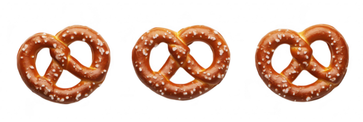 Three freshly baked. golden-brown pretzels arranged neatly on a clean white background. their twisted shape and sprinkled with coarse salt. ideal for culinary articles or snack promotions