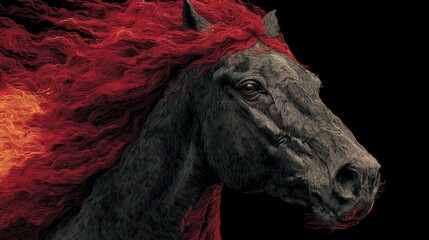 Powerful black stallion with a flaming red mane in a dramatic illustration. Mythical fantasy horse on a black background