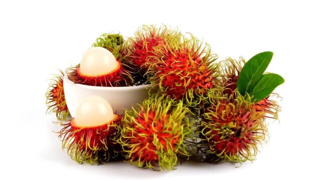 Rambutans in bowl with white background.