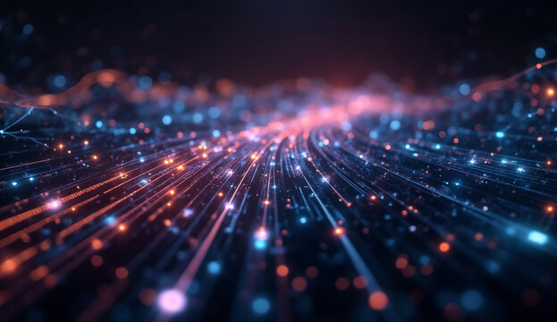 Glowing optical fibers represent digital communication and data transfer in modern networks.