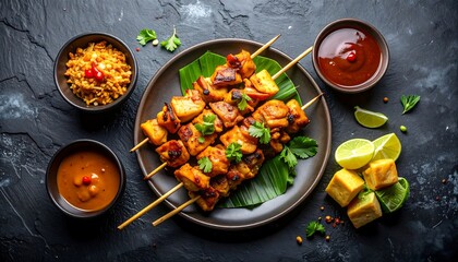 Grilled meat skewers with garnishes and sauces