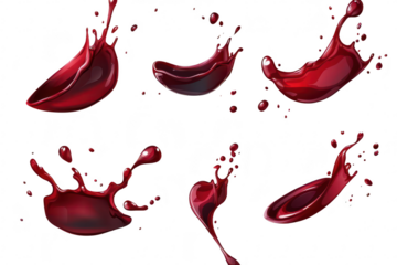 A collection of dynamic red liquid splashes and droplets captured on a white background. various shapes and movements. ideal for artistic or culinary design projects
