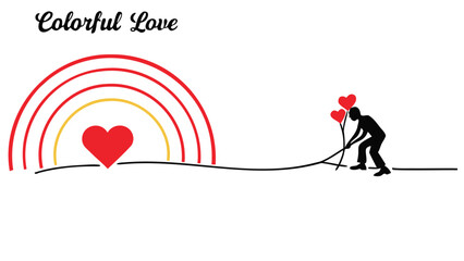 Silhouette of a person holding heart balloons under a colorful rainbow with a single heart symbol representing love