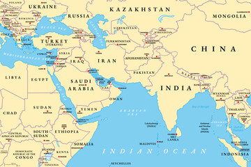 Obraz premium West Asia and South Asia, political map with countries, their international borders and capitals. Western or Southwest Asia, with the Middle East, and South Asia, with the Indian subcontinent. Vector
