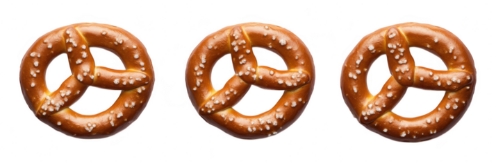 Three freshly baked pretzels arranged in a row on a clean. white background. their golden-brown color and sprinkled with coarse salt. ideal for food photography and culinary use