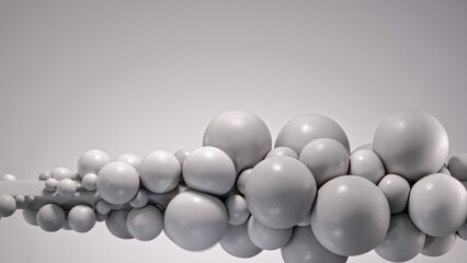 Minimal 3D render depicting large and small glossy gray spheres blending into a continuous organic formation. The soft neutral lighting and smooth reflections create a calm, futuristic aesthetic