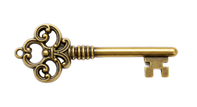 Ornate Antique Golden Skeleton Key Isolated on Black Background