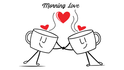 Two happy coffee cups holding hands with hearts rising above symbolizing morning love and affection