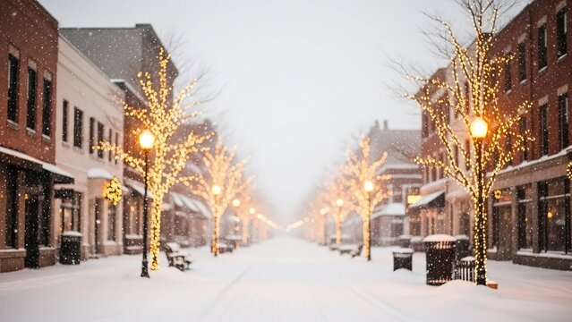 Snowy winter wonderland downtown street scene with twinkling lights creates festive holiday spirit - Powered by Adobe