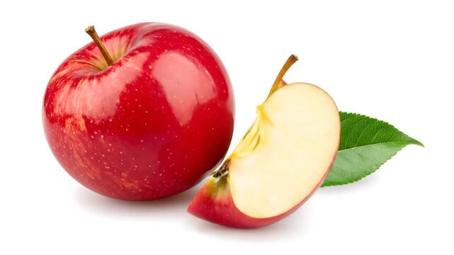 Red apple whole and sliced with white background.