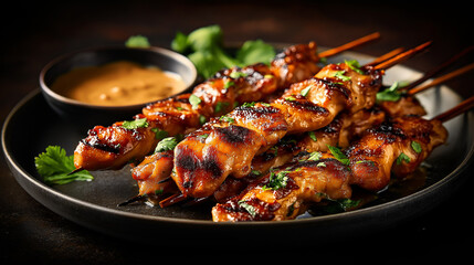 Fototapeta premium grilled chicken satay skewers, char marks, glazed shine, served with creamy peanut dipping sauce, garnished with cilantro
