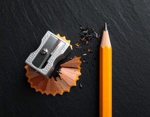 Sharpened pencil and shavings on dark stone