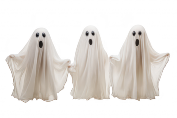 Three playful ghost figures with wide eyes and open mouths. dressed in flowing white fabric. creating a whimsical Halloween atmosphere against a plain background