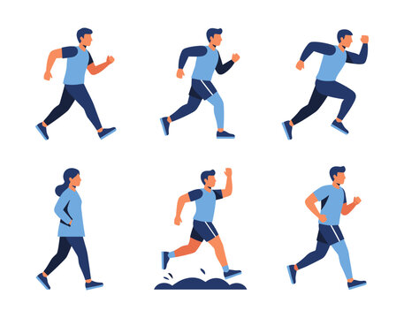 Running and jogging fitness men women characters set