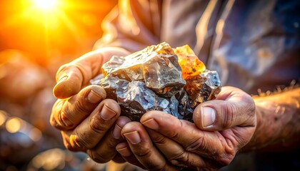 Hands holding mineral stone in sunlight