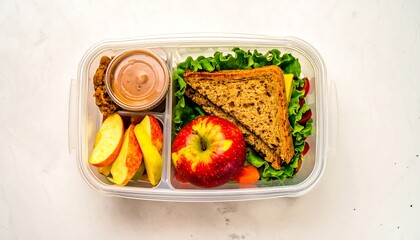 School lunchbox with sandwich, fruit, and vegetables
