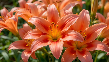 Fototapeta premium Stunning closeup photo of beautiful salmon colored lily flowers blooming in a garden setting