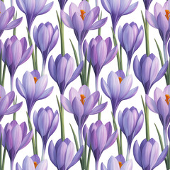 A seamless pattern of delicate purple crocuses with green stems on a white background