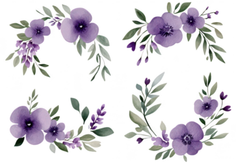 A collection of elegant watercolor floral arrangements featuring purple blossoms and green leaves. perfect for invitations. greeting cards. or decorative designs in various artistic projects