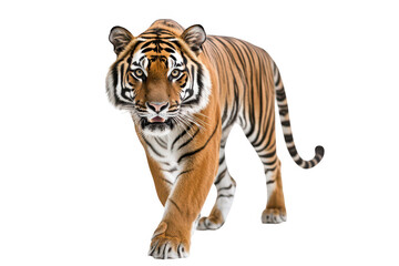 Obraz premium A majestic tiger confidently strides forward. its striking orange and black stripes against a clean white background. symbolizing strength and grace in the wild