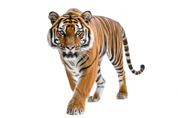 A majestic tiger confidently strides forward. its striking orange and black stripes against a clean white background. symbolizing strength and grace in the wild