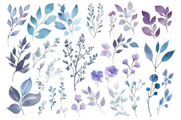 A beautiful collection of watercolor floral illustrations featuring various leaves and blossoms in shades of blue and purple. perfect for botanical design projects or nature-themed art