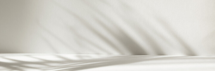 Fototapeta premium Abstract white color studio background for product presentation. Empty room with shadows of window and palm leaves . 3d grey room with copy space. Banner. Blurred backdrop.
