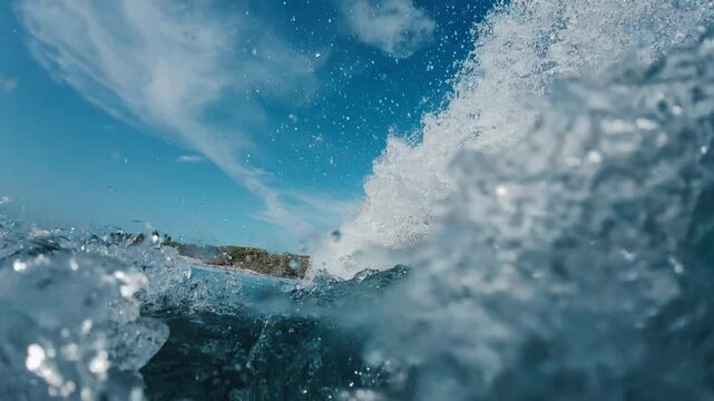 Teen boy surfer rides the ocean wave and does radical turns on the wave in the Maldives. In water and underwater view of the surfer on the wave