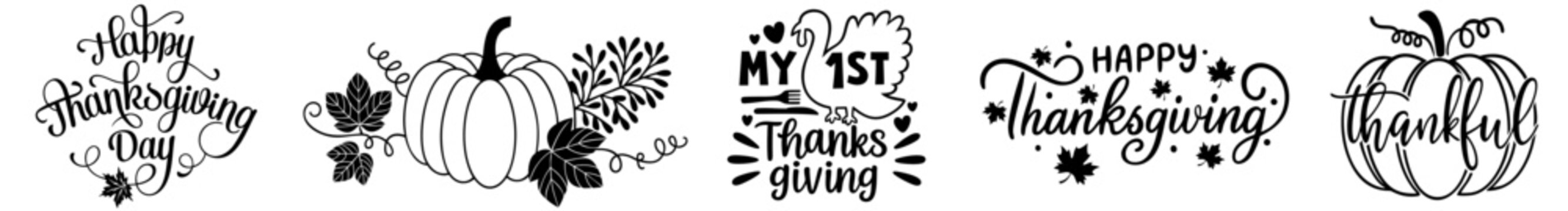 Thanksgiving Fall Quotes Lettering Bundle. Happy Thanksgiving Day, My 1st Turkey Day, Thankful Grateful Blessed, Pumpkin and Turkey Autumn Harvest Typography Set