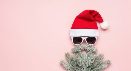 Christmas tree with santa hat and sunglasses on pink background