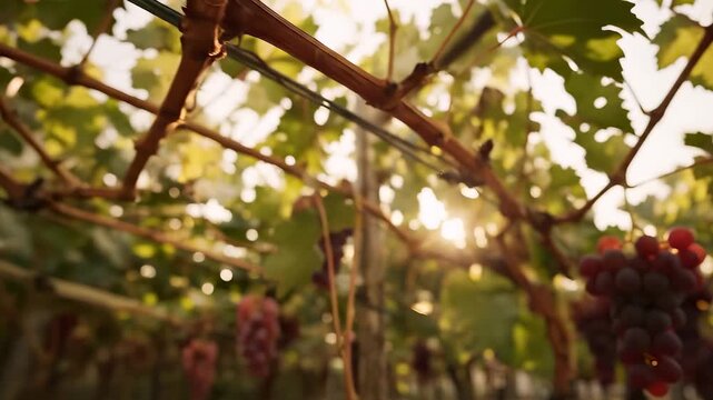Ripe clusters of purple grapes dangle from lush green vines, catching the warm glow of the afternoon sun. The vineyard is alive with the vibrant colors of nature and the sweet scen