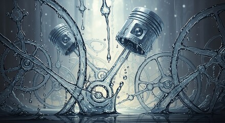 Abstract illustration of engine pistons and gears with water droplets, symbolizing lubrication and mechanical efficiency.
