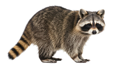 Obraz premium Raccoon (Procyon lotor) standing and looking at the camera, isolated on a black background, showcasing its distinct facial mask and striped tail.