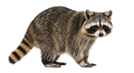 Raccoon (Procyon lotor) standing and looking at the camera, isolated on a black background, showcasing its distinct facial mask and striped tail.