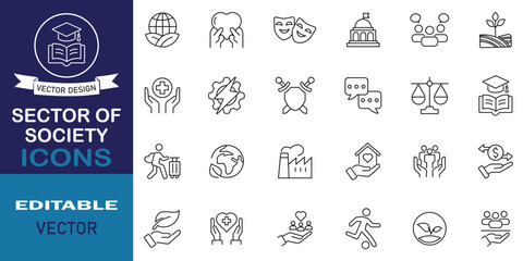 Sector of society line editable icon set. Technology, law, finance, environment, culture, agriculture, education, environment, healthcare and more collection. Vector illustration.
