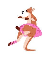 Happy kangaroo in pink tutu dances ballet. Cute dancer in costume moves with classical music. Funny anthropomorphic animal ballerina performs. Flat isolated vector illustration on white background.